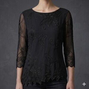 Vintage JMD New York Beaded Mesh Top Whimsigoth Fairycore Asymmetrical Hem L